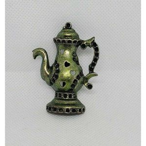 Rare Green Tea Kettle Lapel Pin Heart Embossed Hat Brooch